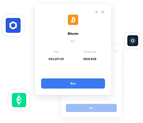 Criptodivisa Bitcoin con precio y capitalización bursátil mostrados. También logotipos de chainlink, caradano y ethereum.